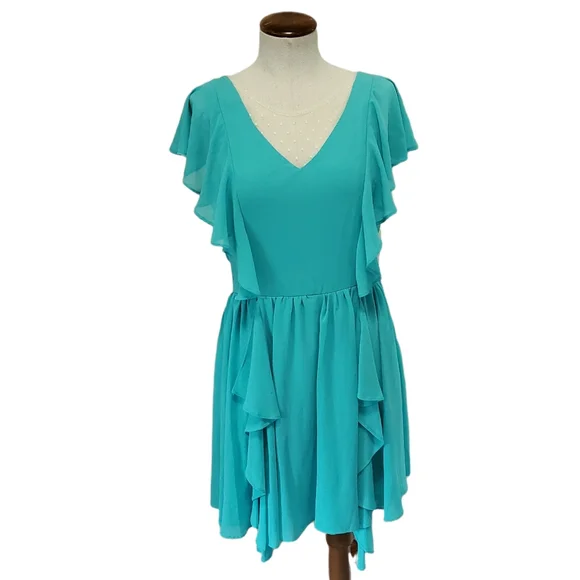 sachin and babi light blue dress Mac Duggal V-Neck Flutter Sleeve Chiffon Faux Wrap Maxi Gown
